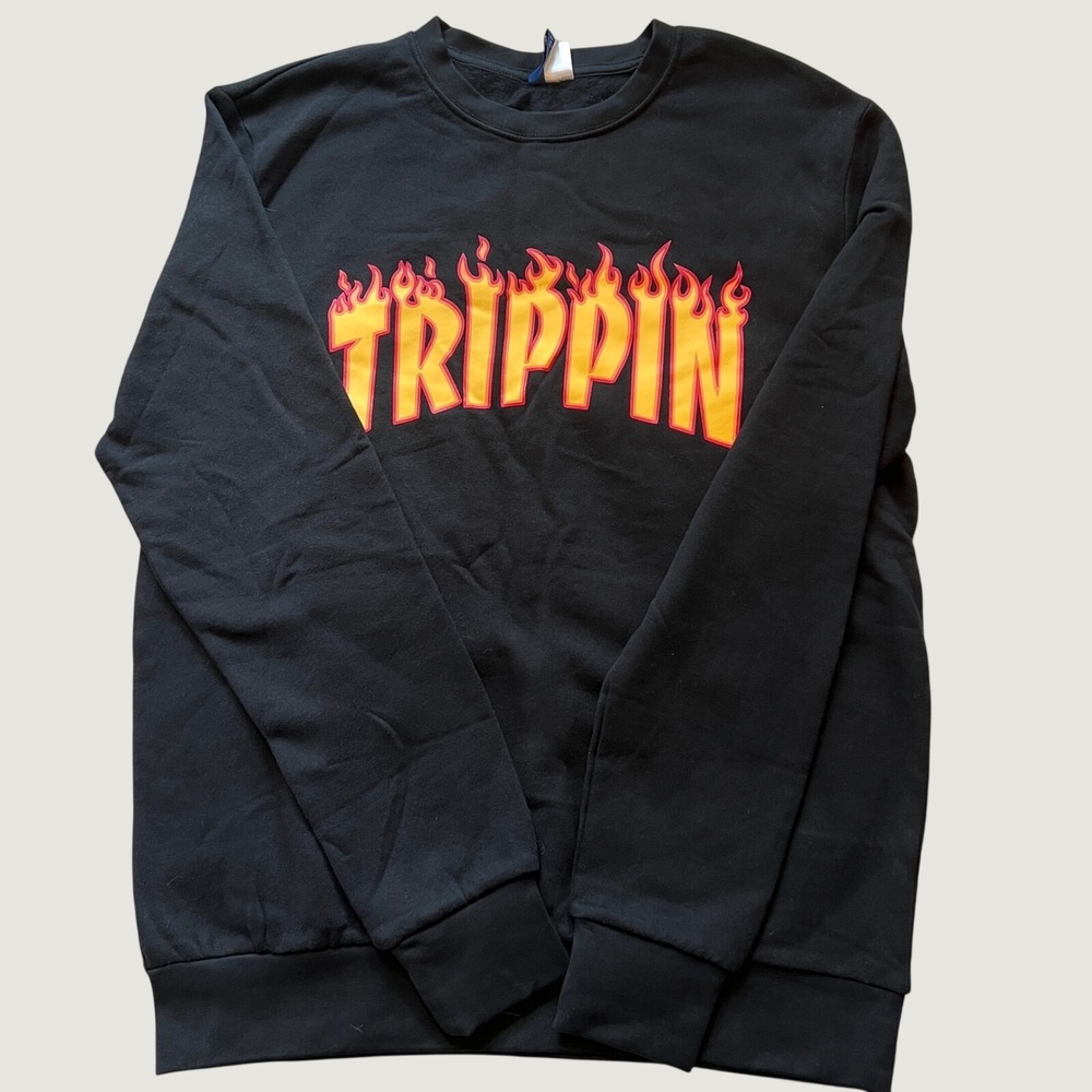 HM Divided Trippin Flame Graphic Sweatshirt Mens Large Black Crewneck NWT